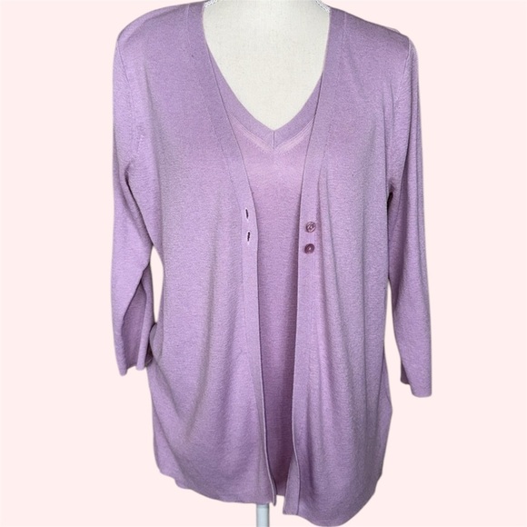 August Silk Twin Set Cardigan & Tank Lavender Silk Blend 2 Button Cardi & V-Neck - Picture 1 of 16